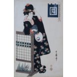 A JAPANESE UTAMARO COLOUR PRINT of a Geisha in a garden, signed, 38 x 26cm, framed