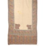 A FINE KASHMIRI WOVEN SHAWL, the central plain panel within an intricate design of peacock feather