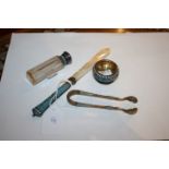 A SILVER AND ENAMEL MOTHER OF PEARL BLADE LETTER OPENER with matching scent bottle, bowl and