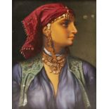A GERMAN OR AUSTRIAN REVERSE GLASS PAINTING of a Middle Eastern girl with blue chemise, 29 x 21.5cm,