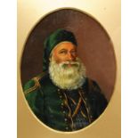 AN OVAL PORTRAIT of an Ottoman male subject, wearing a green tunic and with a long white beard,