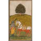 AN INDIAN MINIATURE painted with figure leading a horse in a landscape with tree, gouache and colour