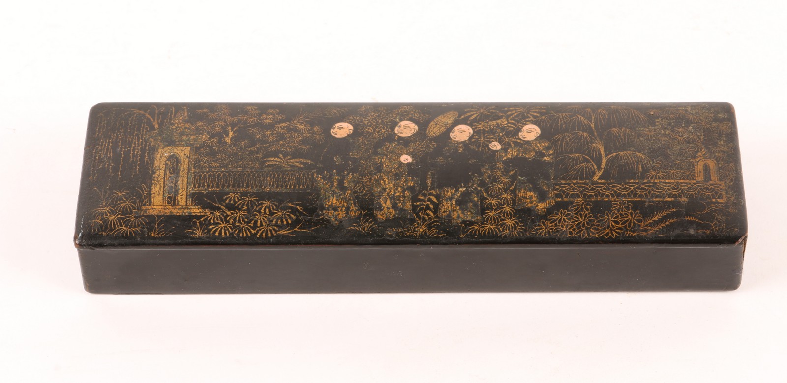 AN ORIENTAL BLACK LACQUERED SCRIBES BOX with figure decoration and fitted interior, 20cm wide