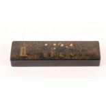 AN ORIENTAL BLACK LACQUERED SCRIBES BOX with figure decoration and fitted interior, 20cm wide