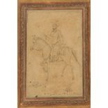 AN INDIAN MINIATURE painted with male rider on horseback, pen and grey washes heightened in gilt,