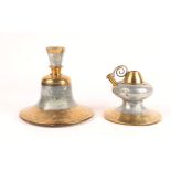 AN INDIAN BRASS AND SILVER COLOURED METAL HOOKAH BASE of bell form, 24cm high and another, 17cm high