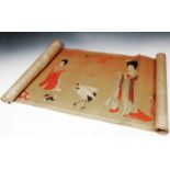 A JAPNESE PAINTED PAPER SCROLL depicting Courtesans with birds and dogs, signed, approximately 150 x