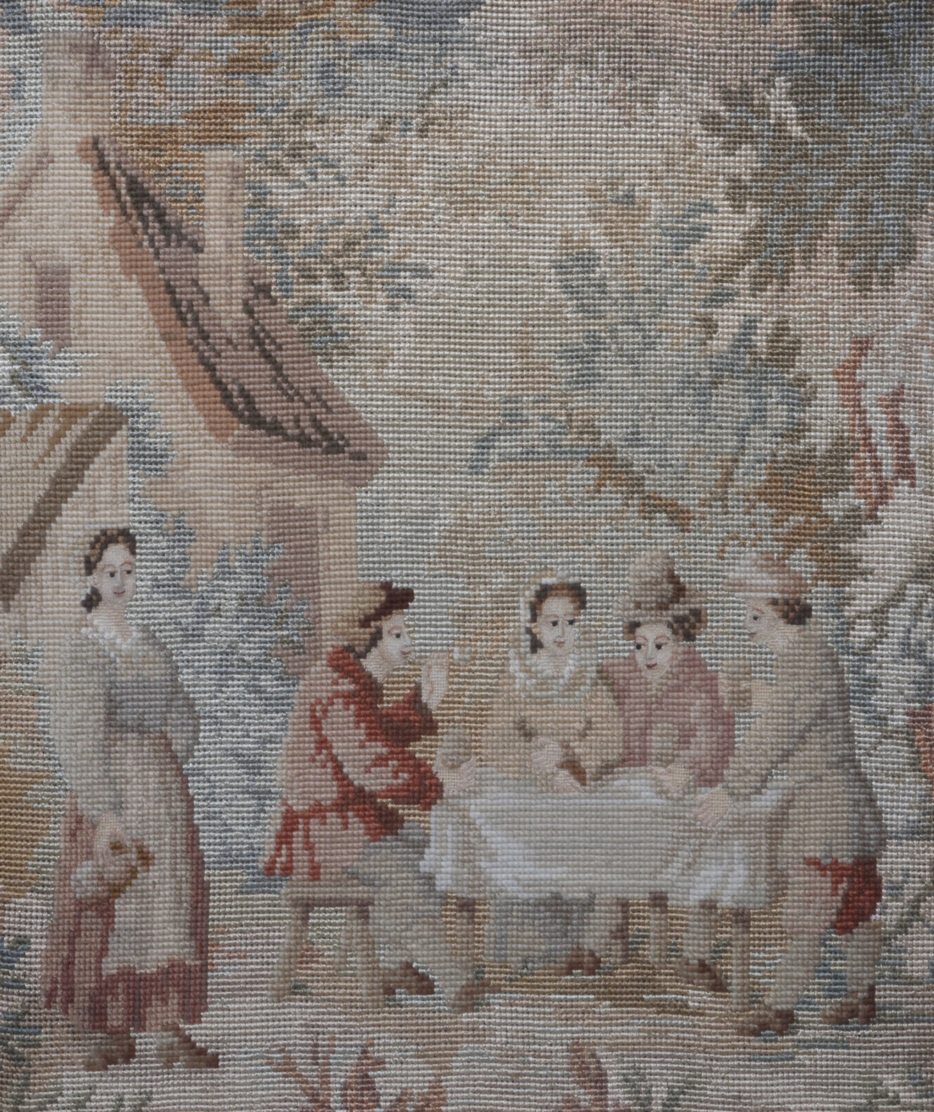 A VICTORIAN GROS POINT NEEDLEWORK PICTURE of a group of figures around a table, 41cm square and - Image 2 of 2