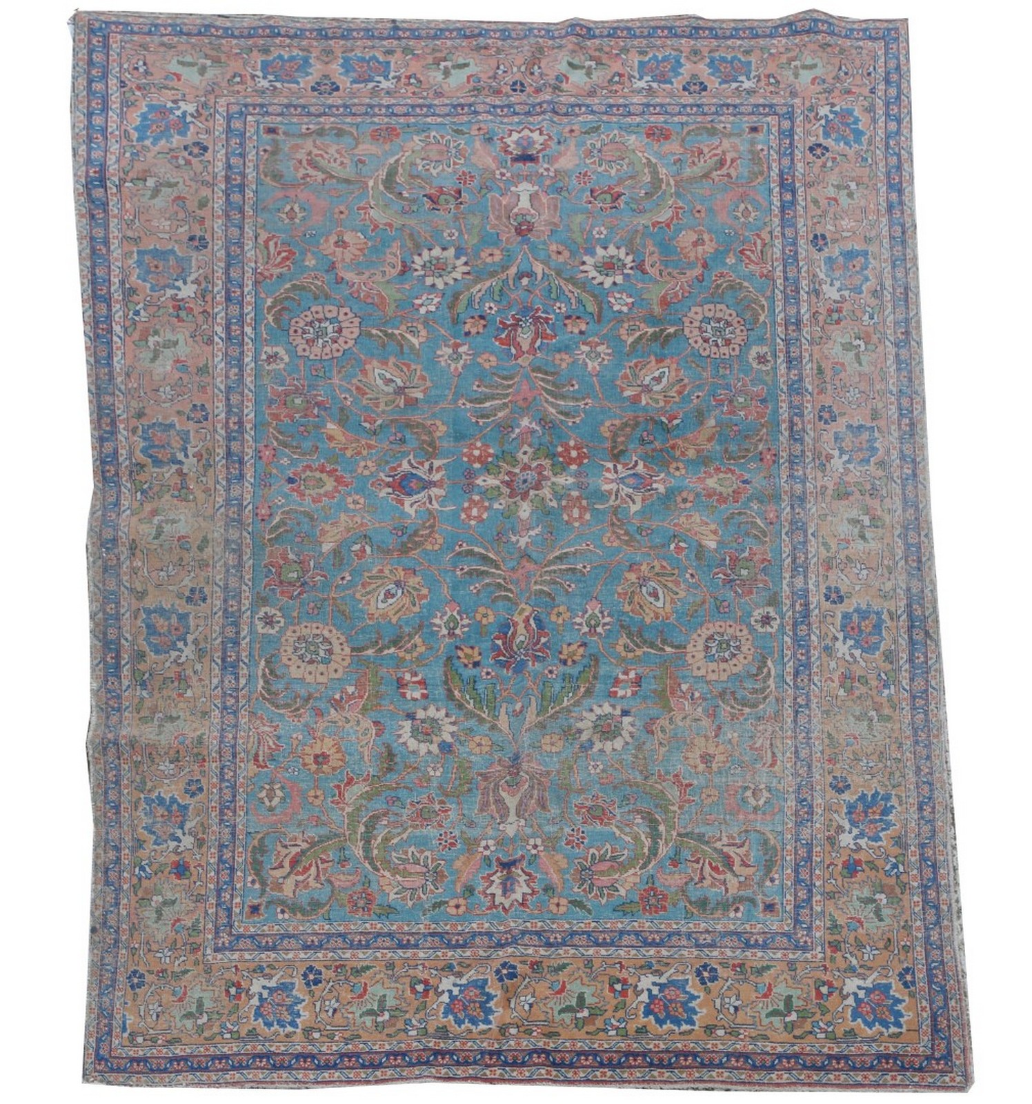 A TABRIZ MID BLUE GROUND SMALL CARPET with radiating polychrome foliate motif within a wide