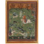 AN INDIAN MINIATURE painted with a hunting scene in a hilltop landscape, gouache, 20 x 14.5cm