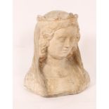 A CARVED STONE BUST of the Madonna with coronet and head dress, 14th/15th Century Burgundy, 37cm