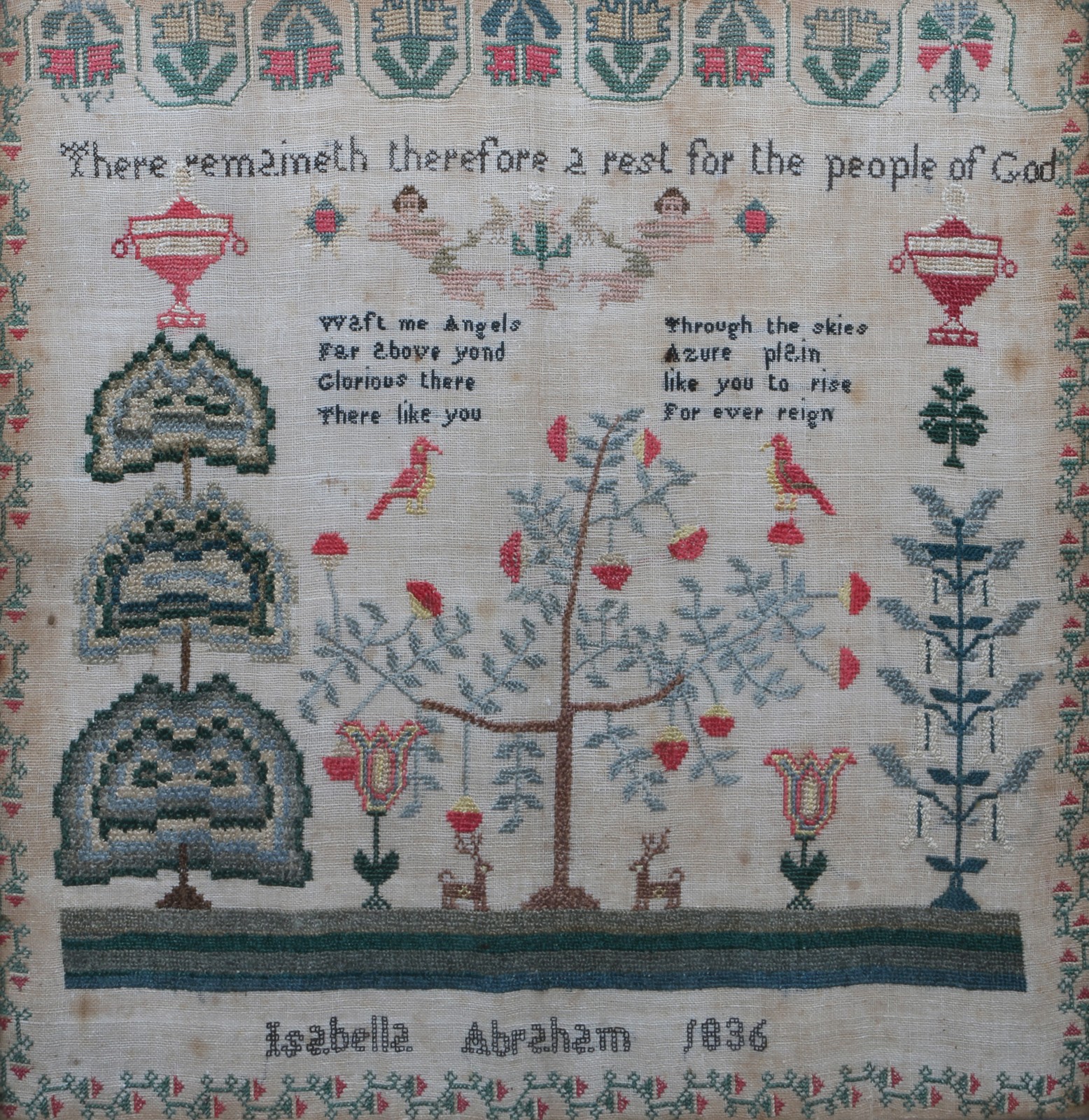 A COLOURFUL CHILD'S NEEDLEWORK SAMPLER by Isabella Abraham 1836 with Old Testament inscription and