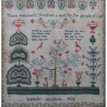 A COLOURFUL CHILD'S NEEDLEWORK SAMPLER by Isabella Abraham 1836 with Old Testament inscription and