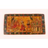 AN INDIAN RECTANGULAR LACQUERED PARCHMENT BOOK COVER with dancing figure and bird decoration