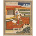AN INDIAN MINIATURE painted with Krishna and Rhada upon a terrace, gouache heightened in gilt, 14