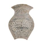 AN ANTIQUE CHINESE PAINTED COTTON PANEL of vase form decorated with a leopards face, overall