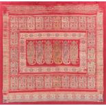 AN OLD INDIAN SILK BALUCHAR SARI with central boteh panel within a surround of carriages and