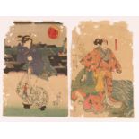 A PAIR OF JAPANESE WOOD BLOCK PRINTS of figural subjects, signed, worm damaged, unframed, 38 x 25cm