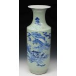 A 19TH CENTURY CHINESE CELADON GLAZED TALL PORCELAIN VASE with landscape and cloud decoration,