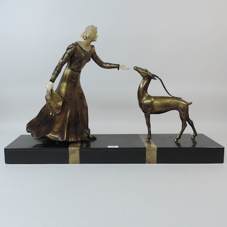 An Art Deco gilt painted spelter and mar - Image 11 of 11