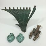 A bronze Menorah candlestick, 19cm tall,