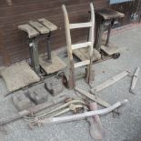 An early 20th century set of sack scales, 85cm tall, together with another similar, three weights,