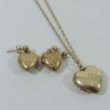 A 9 carat gold heart pendant, on chain, together with a pair of heart shaped earrings,