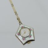 A Bucherer 17 jewel guilloche enamel pendant watch, on chain,