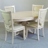 A cream painted dining table, on a pedestal base, 163 x 108cm,
