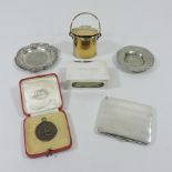 A silver card case, together with a silver vesta, plated pin trays,