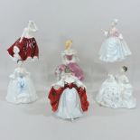 A collection of five Royal Doulton porcelain ladies, tallest 21cm,