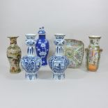 A 19th century Chinese canton porcelain dish, together with a vase, a pair of Delft vases,