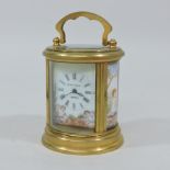 A continental brass cased carriage clock, with painted decoration,