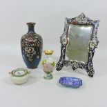 An early 20th century cloisonne dressing table mirror, 31cm tall, together with a vase, 25cm tall,