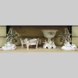 A Dresden style porcelain figural comport, a pair of inkwells and a pair of vases,