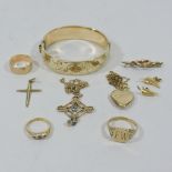 A collection of jewellery, to include a 9 carat gold filled bangle, a 9 carat gold signet ring,