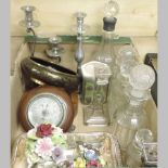 A collection of glass decanters, together with a cloisonne bowl, two barometers,