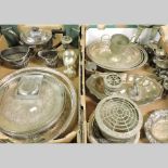 A box of silver plated items, to include trays, a tea set,