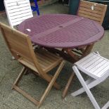 A painted teak circular garden table, 107cm diameter,