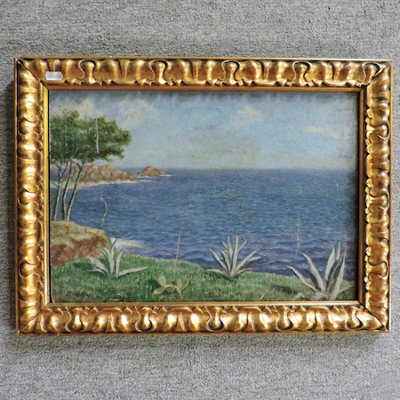 Alex Ouline, exotic coastal scene, signed oil on board,