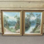 English School, 19th century, river landscape, oil on board, a pair,