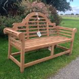 A teak Marlborough garden bench, as new,