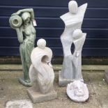 An abstract sculpture, 95cm tall, together with another smaller, a resin figure of a lady,