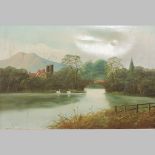 Continental School, 19th century, river landscape with swans, oil on canvas,