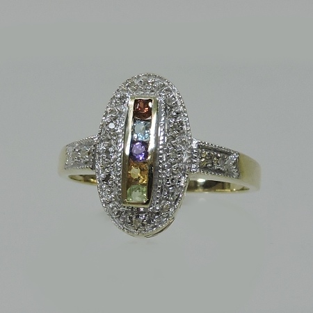 A 9 carat gold multi coloured gem set and diamond ring,