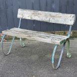 A green painted metal and hardwood garden bench,