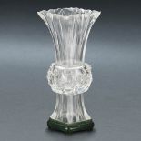 A CHINESE ROCK CRYSTAL CHI DRAGON VASE, GU WITH SPINACH-GREEN JADE STAND