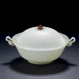 A CHINESE MUGHAL STYLE WHITE JADE TWO HANDLED BOWL WITH COVER