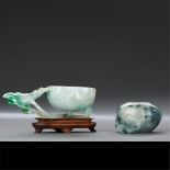 QING DYNASTY (1644-1911) A JADEITE LOTUS FLOWERS WATER POT AND A CHI DRAGON CIRCULAR WATER POT The