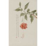PU XINYU    (1896-1963) Blossoming China Rose ink and colour on paper, hanging scroll, signed PU RU,